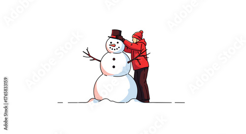 Person placing hat on snowman during winter in snowy landscape  