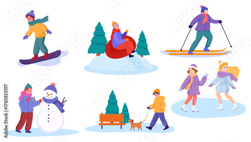 Winter lifestyle. A collection of winter activities and entertainment. Skiing, skateboarding, skating, building snowmen, walking the dog, and sledding. Vector illustration for winter design.