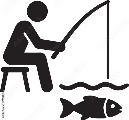 Black silhouette of person fishing on stool with rod and fish
