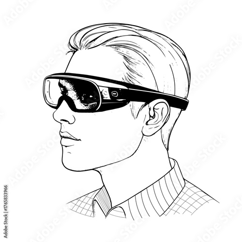 Man wearing smart glasses augmented reality headset virtual reality technology ar vr device innovation line art