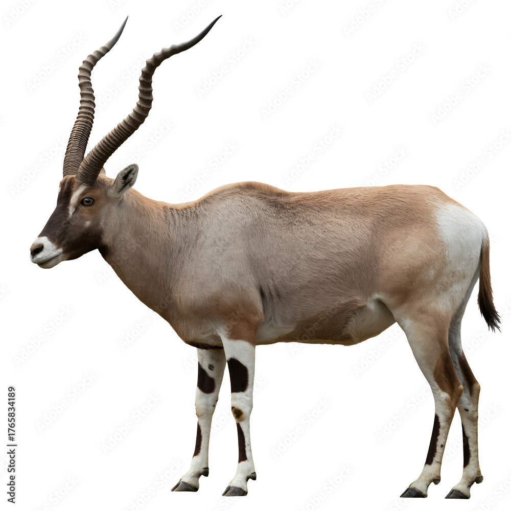 Fototapeta premium Stunning Addax with majestic spiraled horns gracefully posing, wildlife conservation imagery promoting desert animal preservation and unique fauna awareness