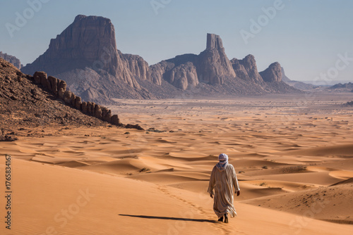 Fototapeta Naklejka Na Ścianę i Meble -  Desert landscape, sand dunes and rocky mountains sunset. Dramatic view sahara. Red Mars like landscape. beautiful rock formations. Orange red sand desert, rocky formations and mountains background.