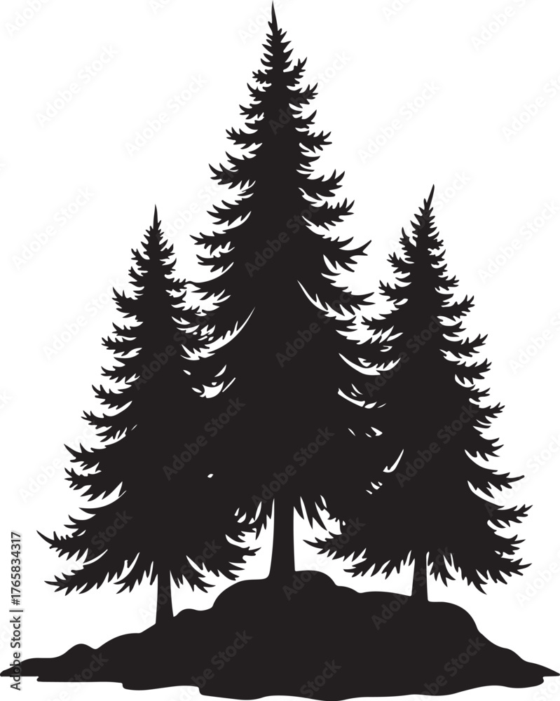 Obraz premium Black silhouette of three pine trees on a rocky outcrop