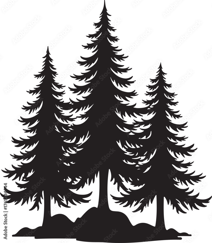 Fototapeta premium Black silhouette of three pine trees on rocky ground