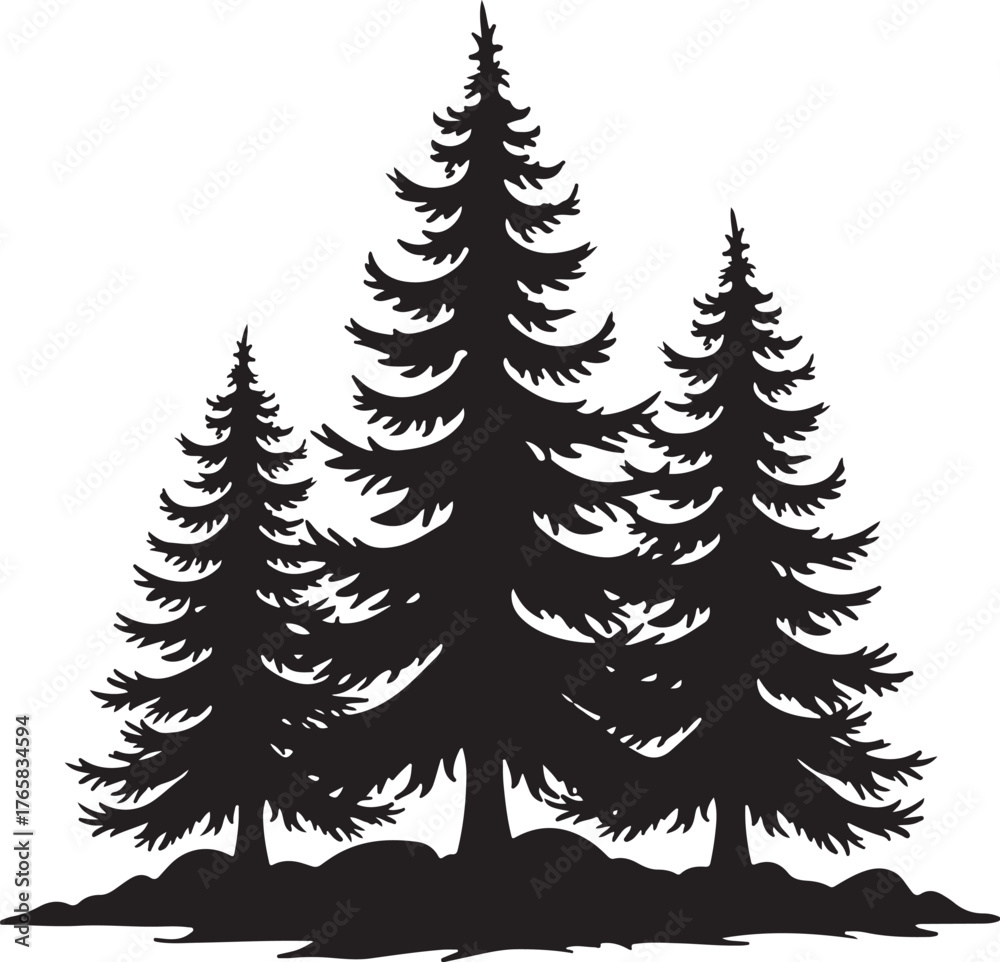 Obraz premium Black silhouette of three pine trees on rocky ground