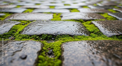 Vibrant green moss growing between wet ancient cobblestone pavers.