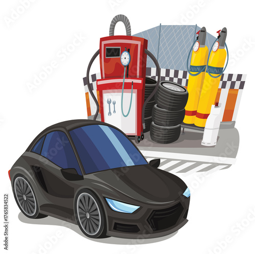 Cartoon street racing car vehicle pitstop pitzone on white background illustration for children