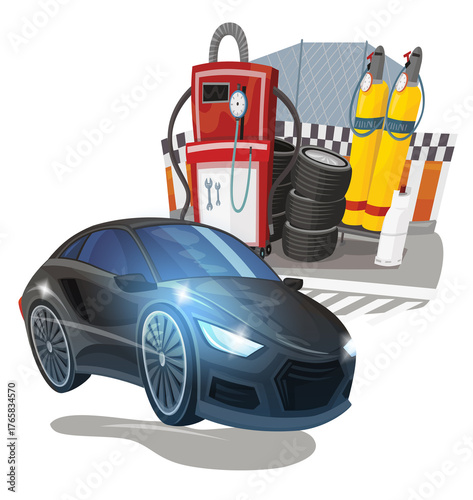 Cartoon street racing car vehicle pitstop pitzone on white background illustration for children