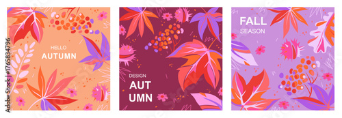 Set of autumn square cards with bright leaves, flowers and berries. Maple leaves, acacia, oak leaves, rowan berries and chestnut fruits. Fall background in red, pink and purple colors. Vector template