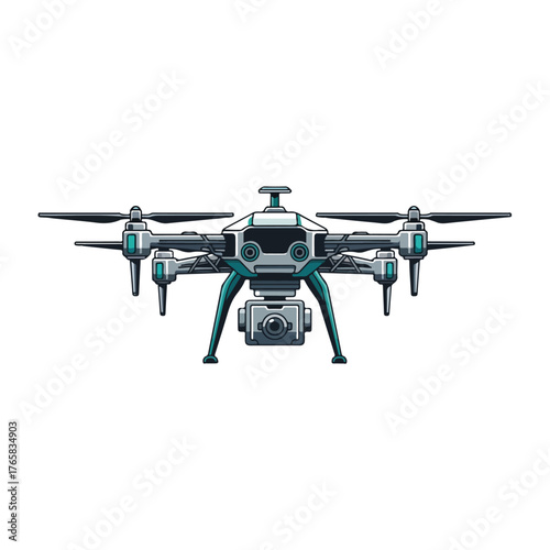Modern Drone Illustration, Teal and Gray with Camera, Isolated on White