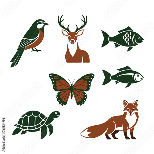 Nature Wildlife Animal Silhouettes Bird, Deer, Fish, Butterfly, Turtle, Fox
