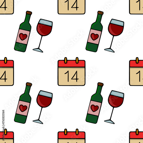 Seamless vector pattern featuring wine bottles with heart labels and glasses, alongside calendars marked with the number 14, evoking a romantic Valentine's Day theme.