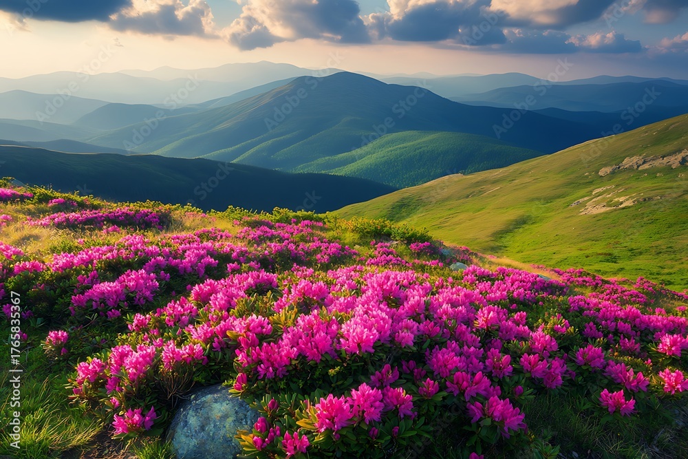 Obraz premium Rhododendron Blooms on Rolling Hills, Mountain Landscape Under a Cloudy Sky at Sunset