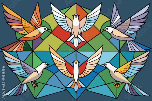 Geometric Birds in a Stained Glass Pattern Keywords: birds, geometric, stained glass, colorful