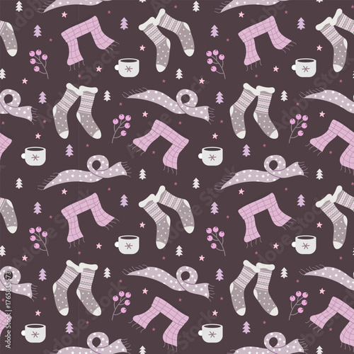 Seamless pattern with winter clothes and accessories. Socks, scarf. Vector illustration
