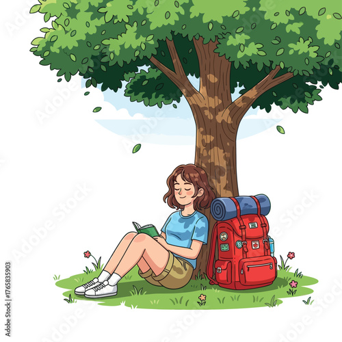 Enjoying nature's embrace a girl reads under a tree with her backpack beside her, perfect for travel blogs and outdoor adventure promotions