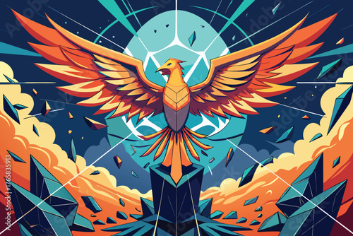 Fiery Phoenix Rising from Geometric Crystals bird fire