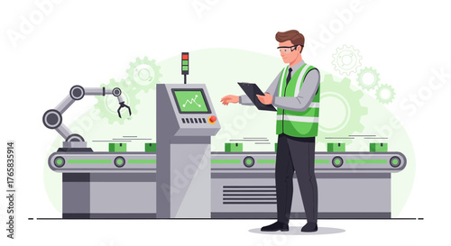 Automation engineer inspecting a manufacturing process with robot and conveyor belt system
