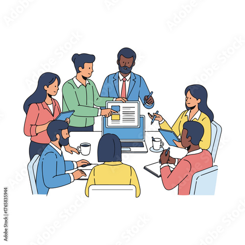 Business Team Meeting Around Laptop with Documents Illustration