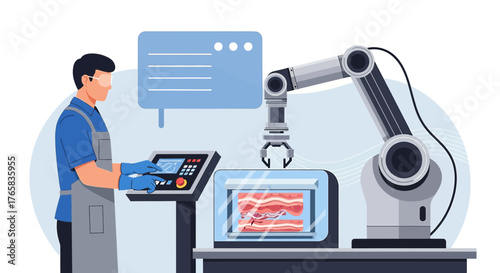 Automation in meat processing: A man operates a robotic arm for bacon slicing task showcasing
