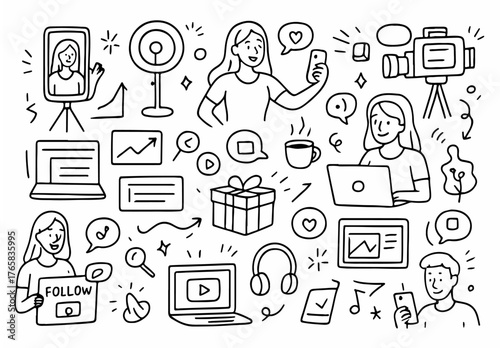 Hand-drawn Doodle Style Vector Set of Creator and Influencer Life Elements, Black Outline Sketch Illustrations, Ideal for Both Digital and Print Use
