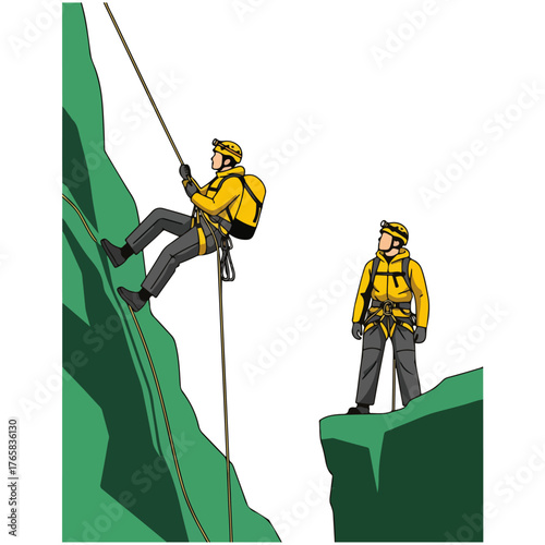 Climbing and Rappelling Illustration Rock Climbers with Gear and Safety Equipment