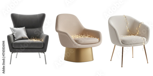 Set of elegant modern minimalistic neutral velvet armchairs with  fairy lights on gold bases, isolated on transparent background, perfect for collages and new year advertising