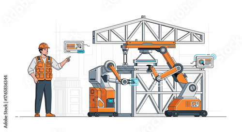 Construction worker overseeing automated truss manufacturing with robotic arms and digital