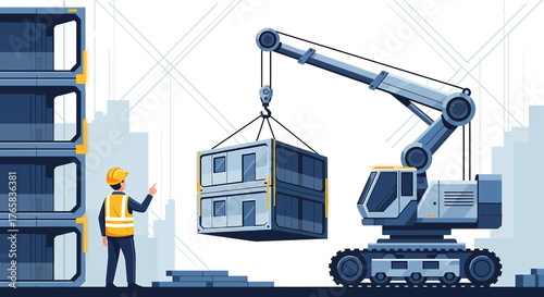 Construction worker overseeing modular building installation with crane at construction site