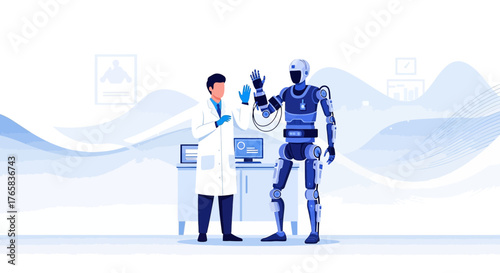 Doctor and advanced humanoid robot in the laboratory of medical innovations exploring robotics