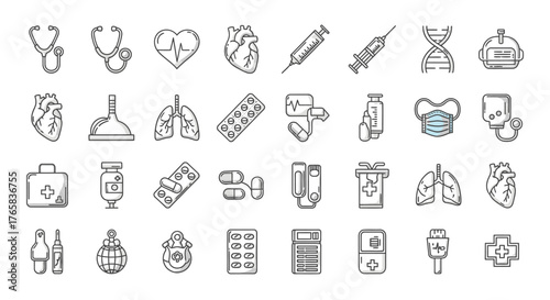 A collection of hand-drawn medical and healthcare line icons, including organs, equipment, and medicine symbols.