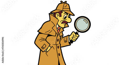 Cartoon Detective with Magnifying Glass Investigating.