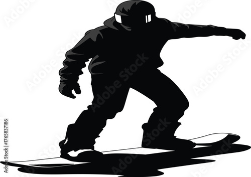 Silhouette of snowboarder in motion wearing helmet and gear, black vector illustration for winter sports, activity, adventure, and fitness concept
