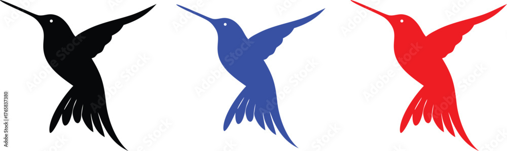 Obraz premium Three Hummingbird Silhouettes in Black Blue and Red