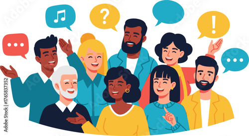 Diverse group of people communicating with speech bubbles.