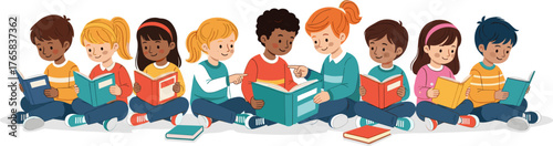 Diverse group of children reading books together.