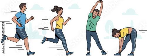 Diverse group of people engaged in various fitness activities like running and stretching.