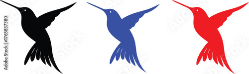 Three Hummingbird Silhouettes in Black Blue and Red