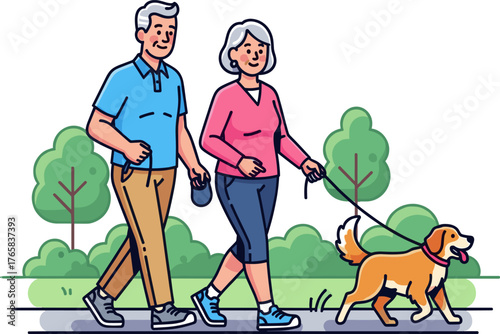 Elderly couple walking their dog in a park on a sunny day.
