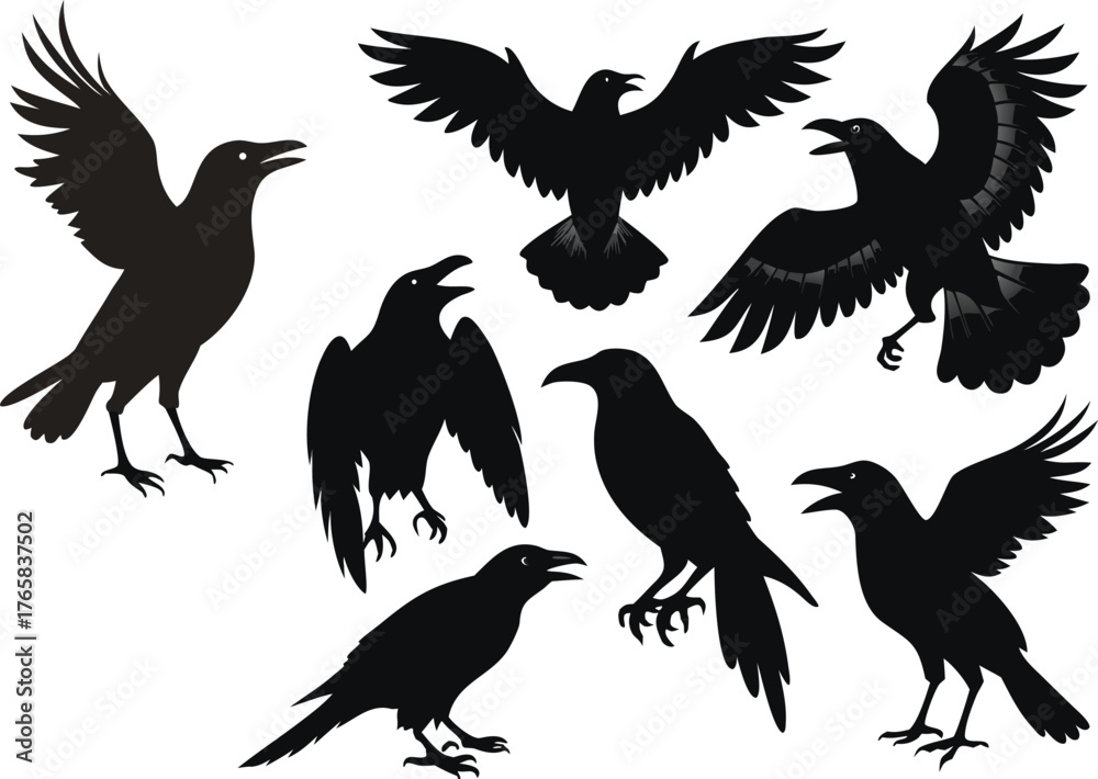 Obraz premium Group of Black Silhouettes of Crows in Different Actions