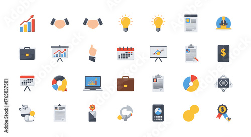 A collection of flat design icons representing various business and finance concepts, including charts, graphs, lightbulbs, briefcases, and handshakes.