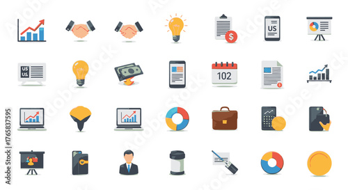 A comprehensive collection of flat design business, finance, and analytics icons for various professional applications.