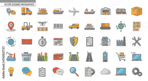 A comprehensive set of vector icons representing logistics, shipping, delivery, and industrial processes.