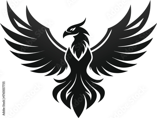 Stylized Black Phoenix Silhouette with Wings Spread