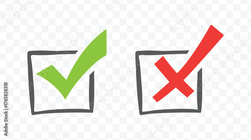 Vector illustration of hand-drawn green check mark and red X-mark in checkboxes