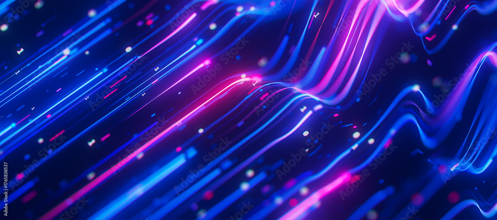 Fototapeta premium Extreme closeup Bigdata light speed data flow wave. Abstract digital data stream of quantum computing. Cyberspace of qubit trails. Modern tech information transmission.