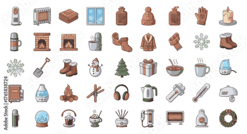 A diverse collection of illustrated icons representing winter, cozy home life, and cold weather essentials.