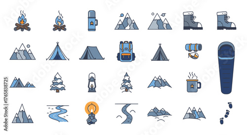 A collection of flat design icons representing various elements of outdoor camping and hiking adventures.