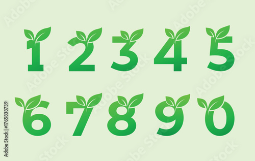 Green Leaf Numbers Zero To Nine Eco Friendly Digits Typography Set Nature Organic Design Collection

