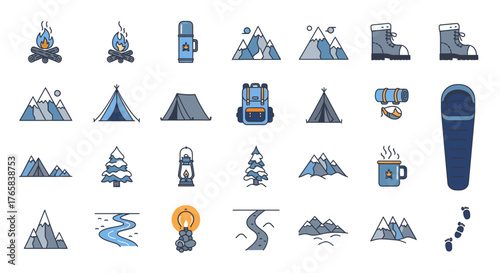A collection of flat design icons representing various elements of outdoor camping and hiking adventures.